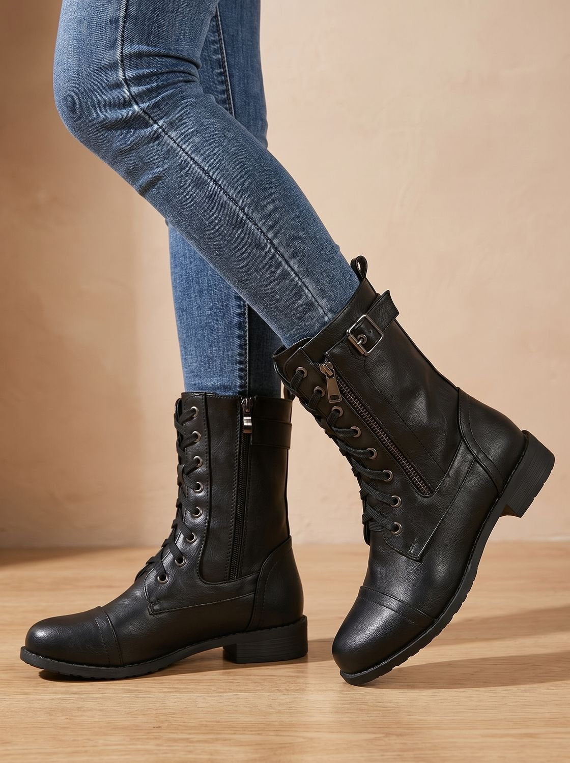 Mia - Women's Lace-Up Combat Boots Buckle Side-Zip Round-Toe
