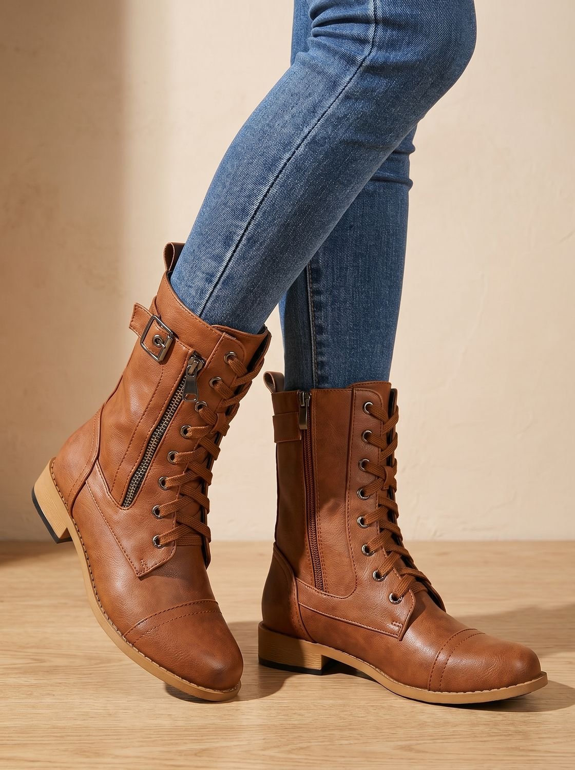 Mia - Women's Lace-Up Combat Boots Buckle Side-Zip Round-Toe