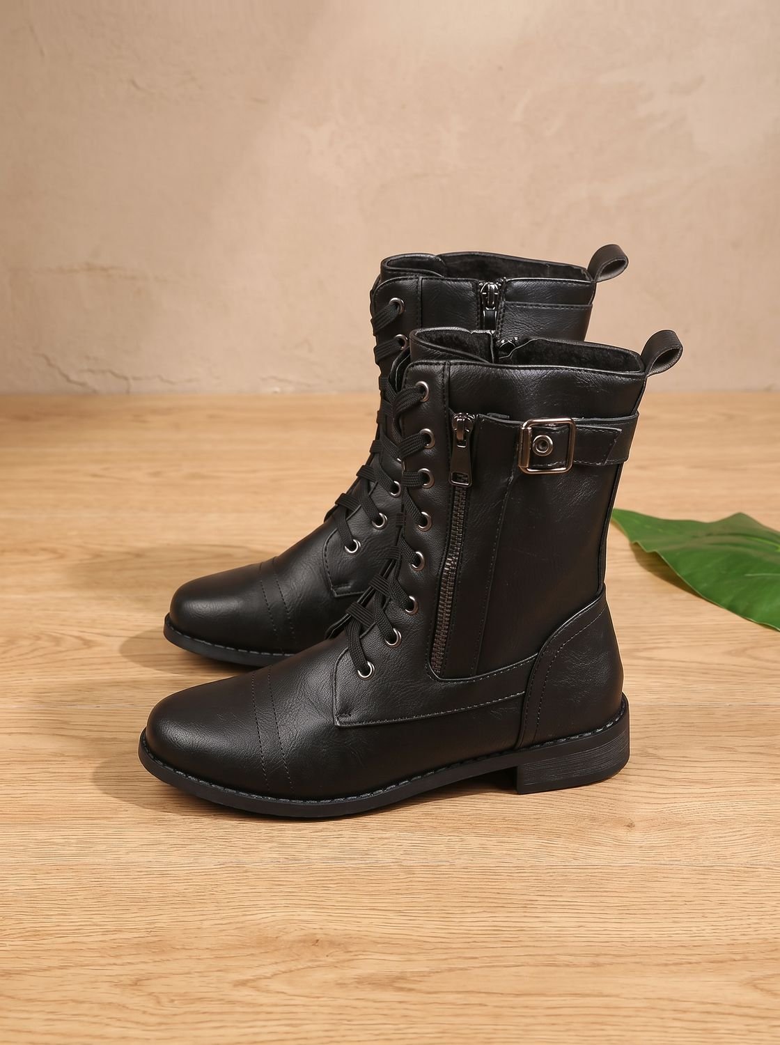 Mia - Women's Lace-Up Combat Boots Buckle Side-Zip Round-Toe