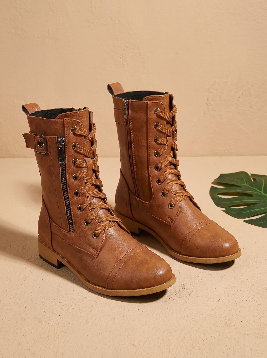 Mia - Women's Lace-Up Combat Boots Buckle Side-Zip Round-Toe