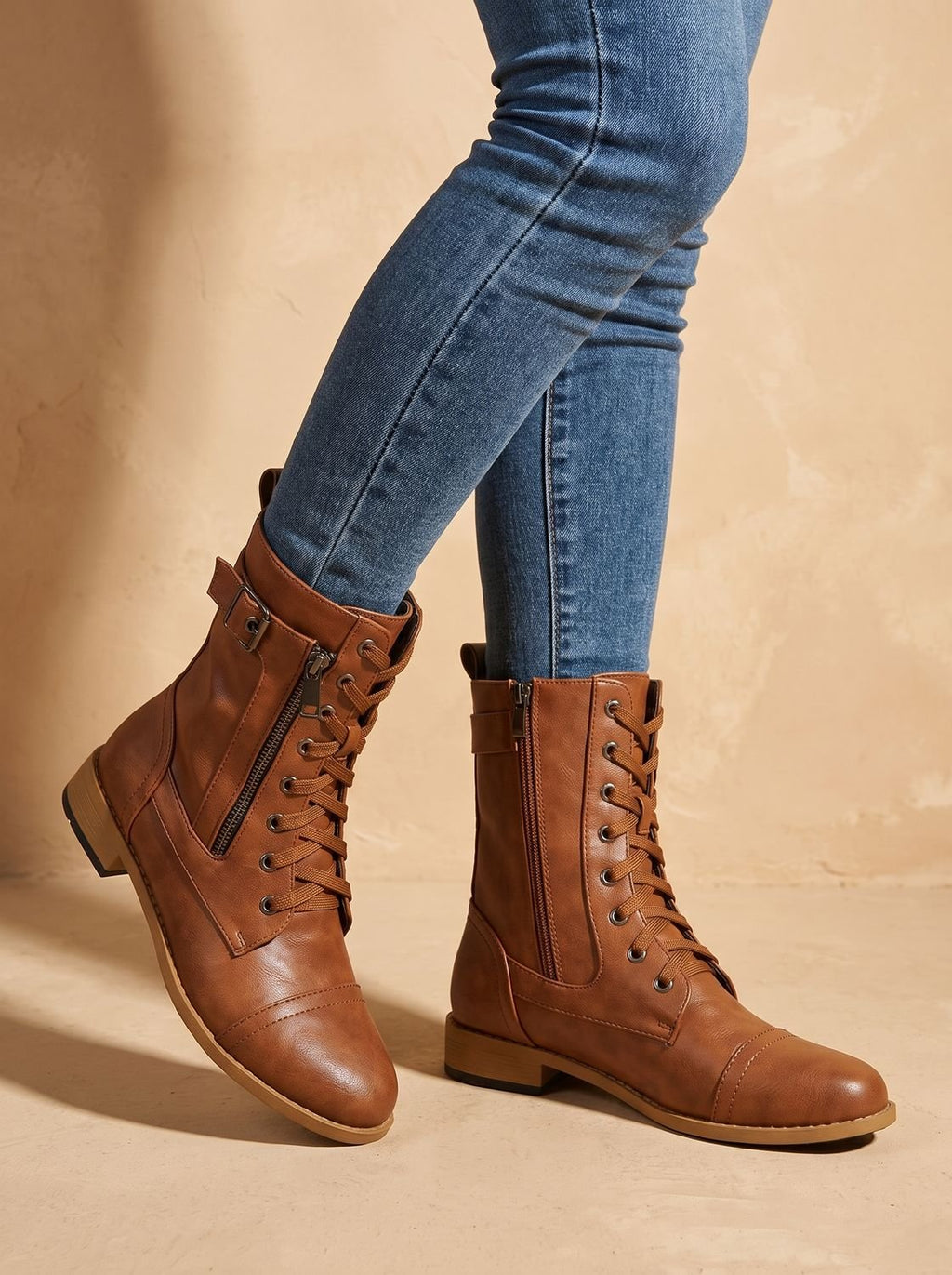 Mia - Women's Lace-Up Combat Boots Buckle Side-Zip Round-Toe