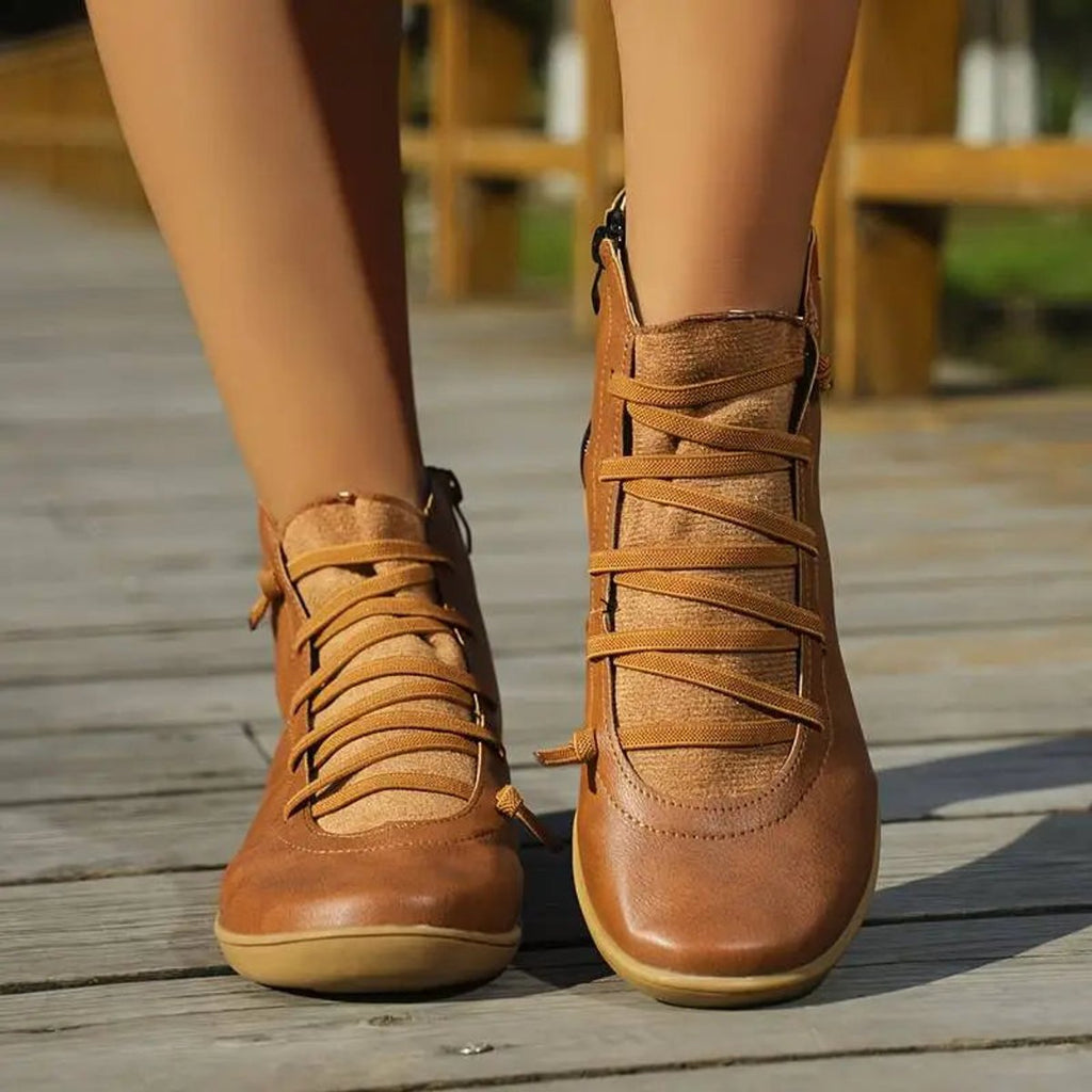 Isabella - Women's Lace-Up Side-Zip Flat Leather ankle boots