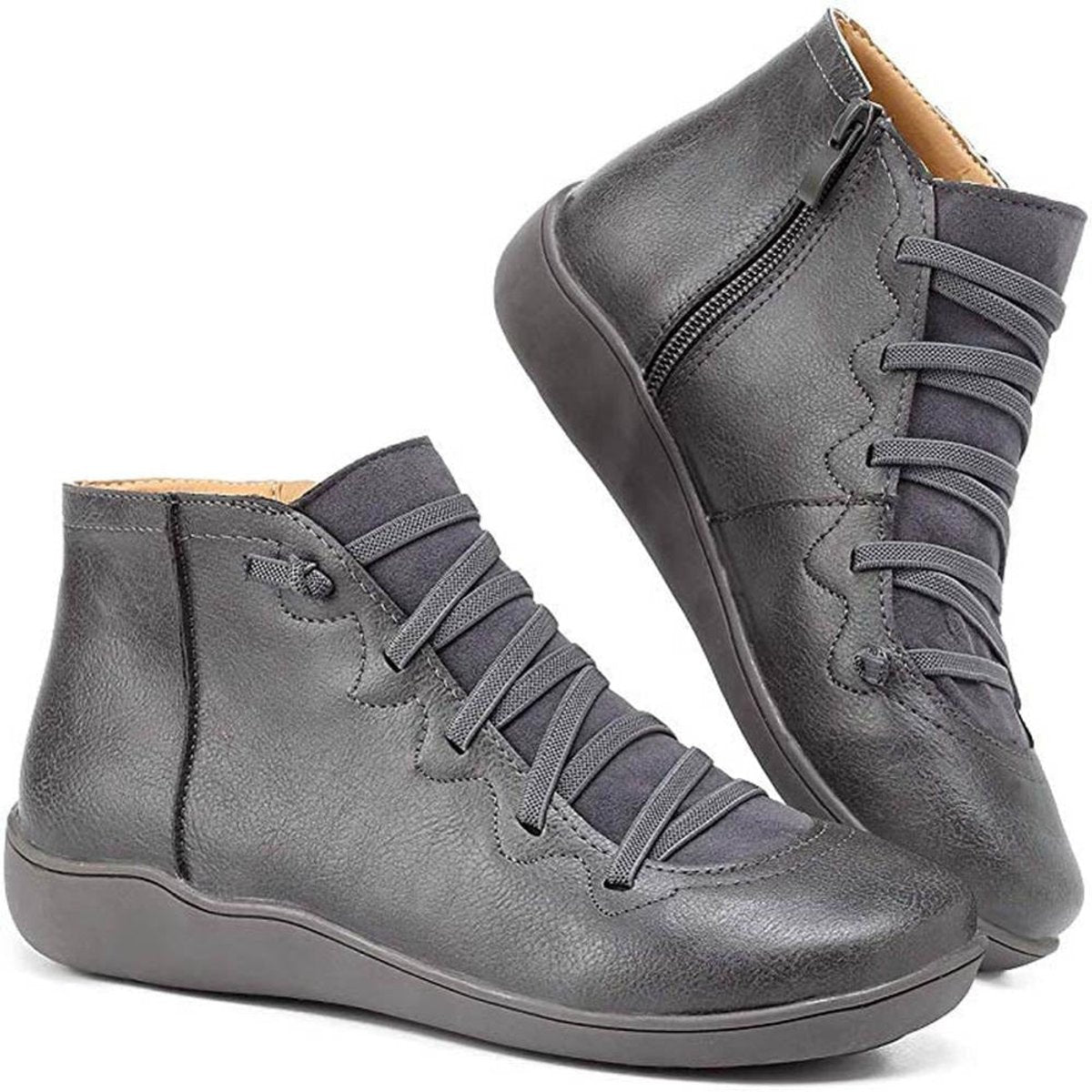 Isabella - Women's Lace-Up Side-Zip Flat Leather ankle boots
