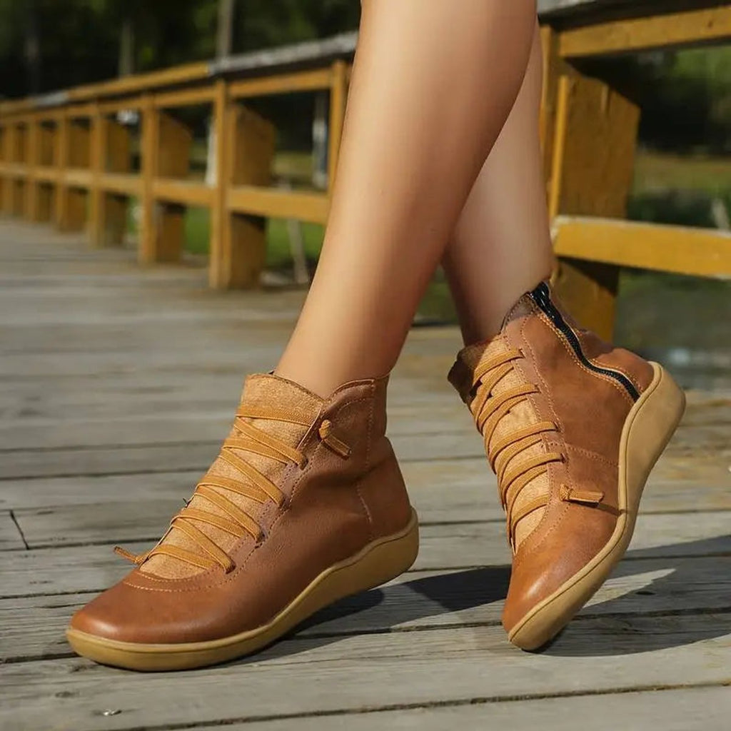 Isabella - Women's Lace-Up Side-Zip Flat Leather ankle boots