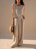 Victoria - Women's Linen-Blend Wide-Leg Pants Sleeveless Top Two-Piece Set