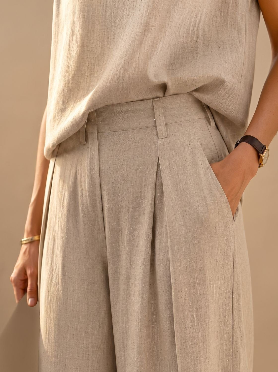 Victoria - Women's Linen-Blend Wide-Leg Pants Sleeveless Top Two-Piece Set