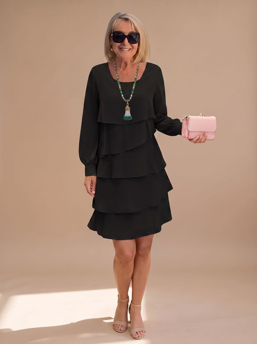 Isabella - Women's Long-Sleeve Tiered Ruffle Midi Dress