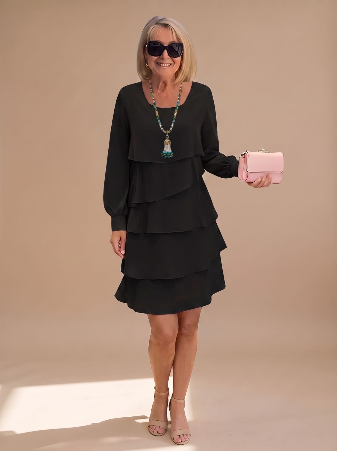 Isabella - Women's Long-Sleeve Tiered Ruffle Midi Dress