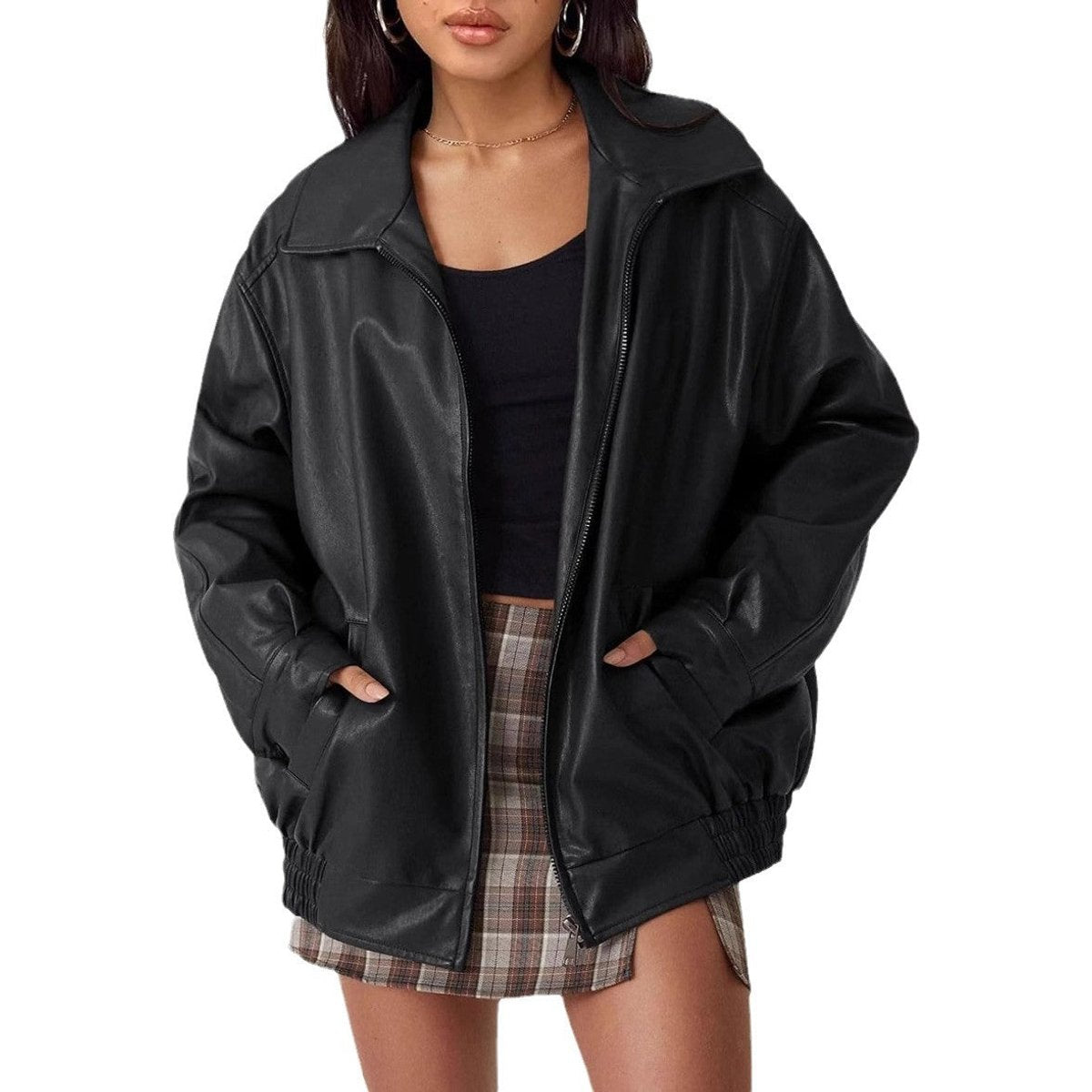Madison - Women's Oversized Faux Leather Bomber Jacket Zip-Up