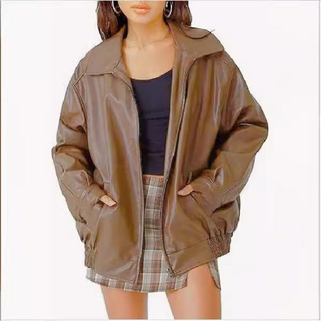 Madison - Women's Oversized Faux Leather Bomber Jacket Zip-Up