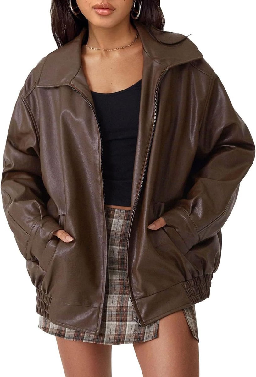 Madison - Women's Oversized Faux Leather Bomber Jacket Zip-Up