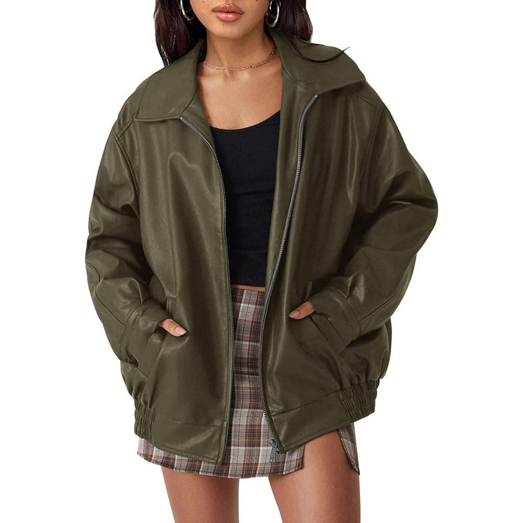Madison - Women's Oversized Faux Leather Bomber Jacket Zip-Up