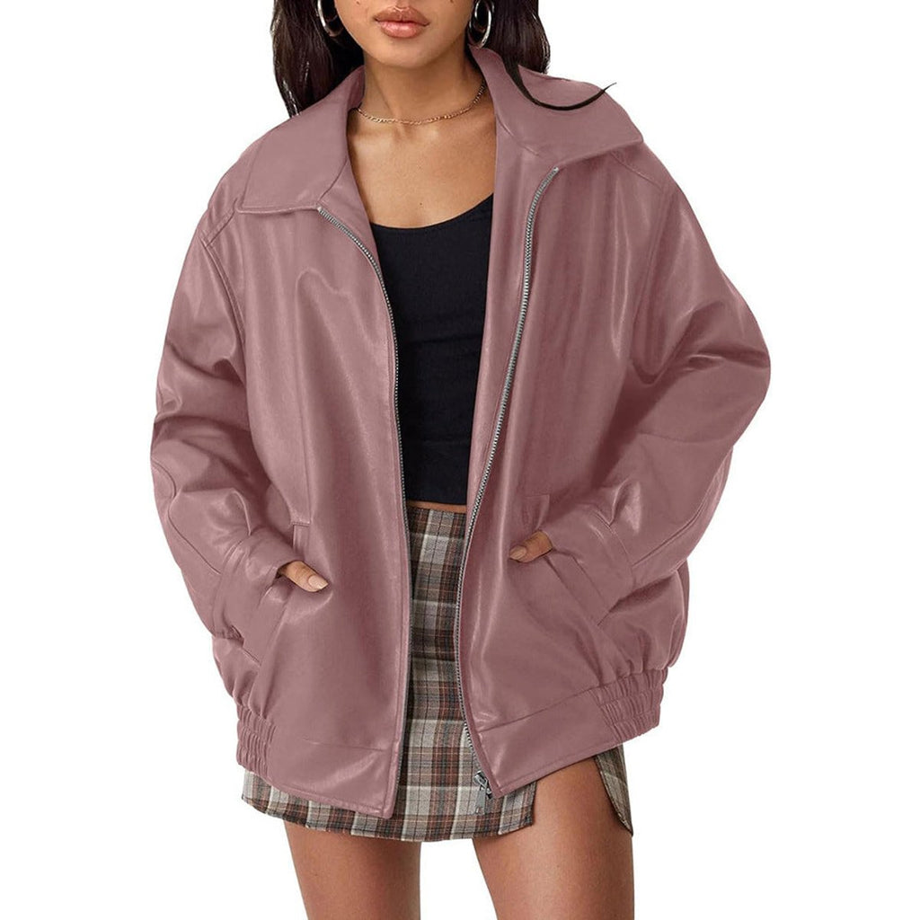 Madison - Women's Oversized Faux Leather Bomber Jacket Zip-Up