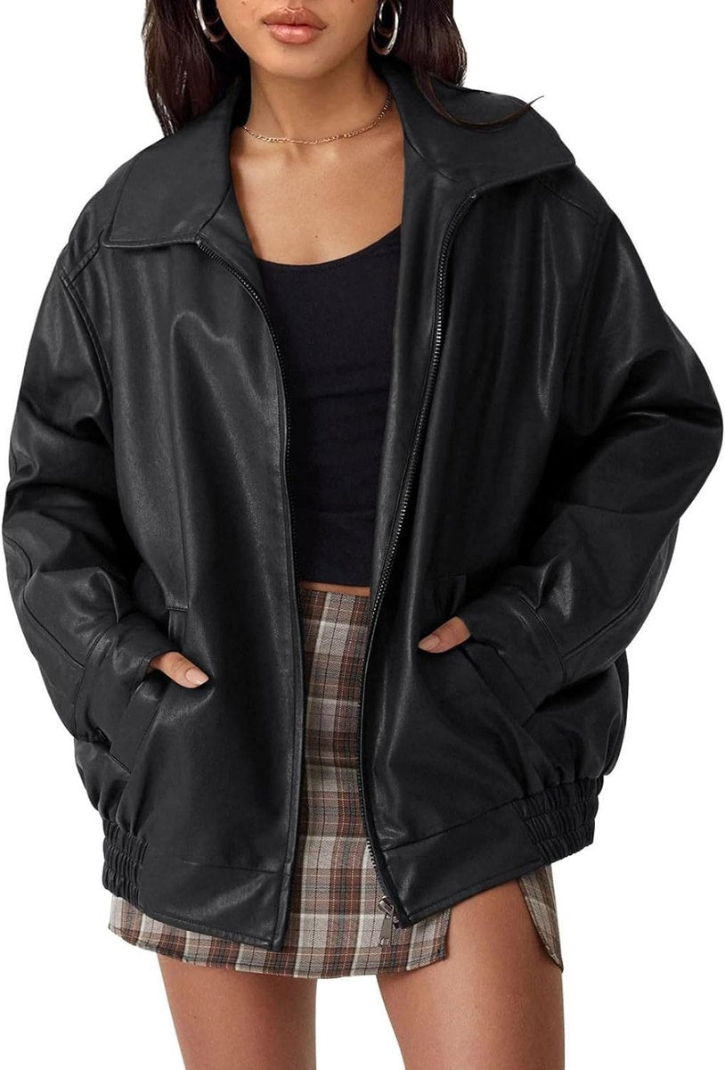Madison - Women's Oversized Faux Leather Bomber Jacket Zip-Up