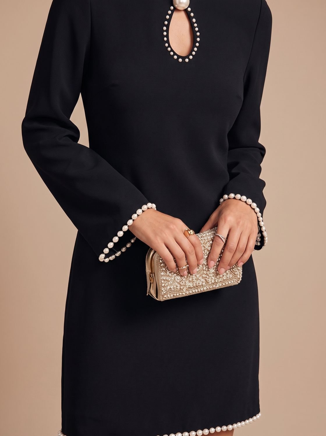 Grace - Women's Pearl-Trim Keyhole Long-Sleeve Mini Dress