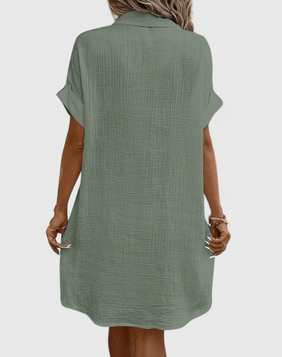 Penelope - Women's Relaxed-Fit Button-Down Short Sleeve Shirt Dress