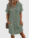 Penelope - Women's Relaxed-Fit Button-Down Short Sleeve Shirt Dress
