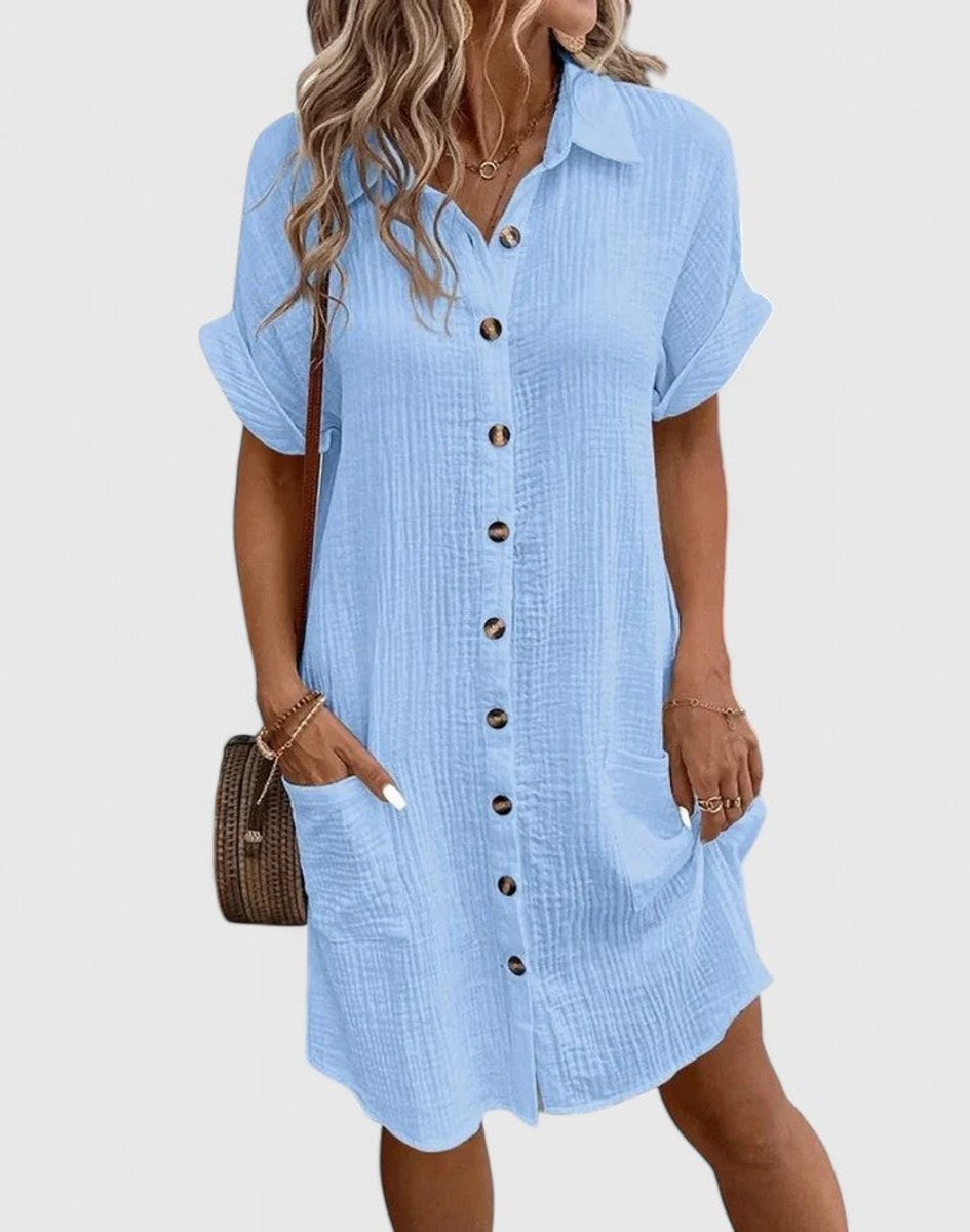 Penelope - Women's Relaxed-Fit Button-Down Short Sleeve Shirt Dress