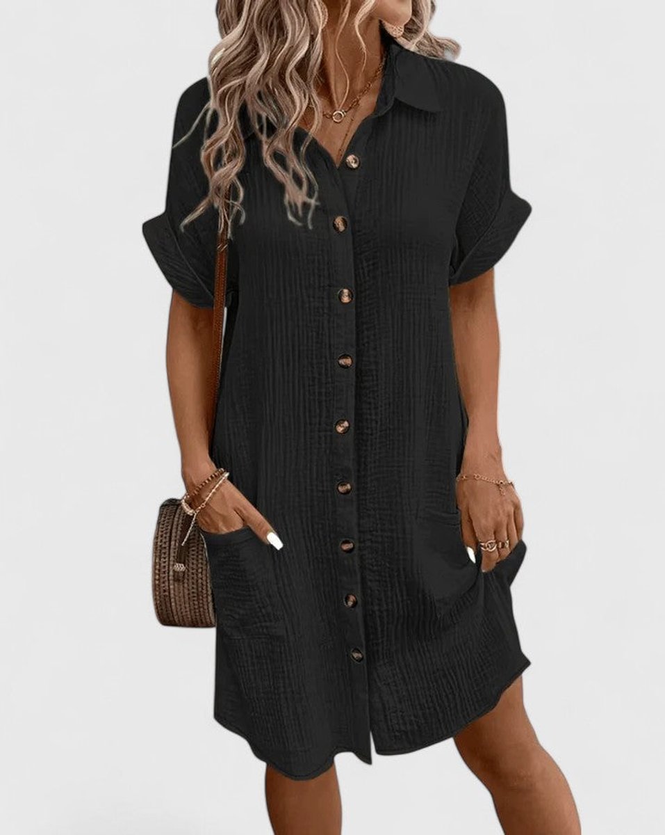 Penelope - Women's Relaxed-Fit Button-Down Short Sleeve Shirt Dress