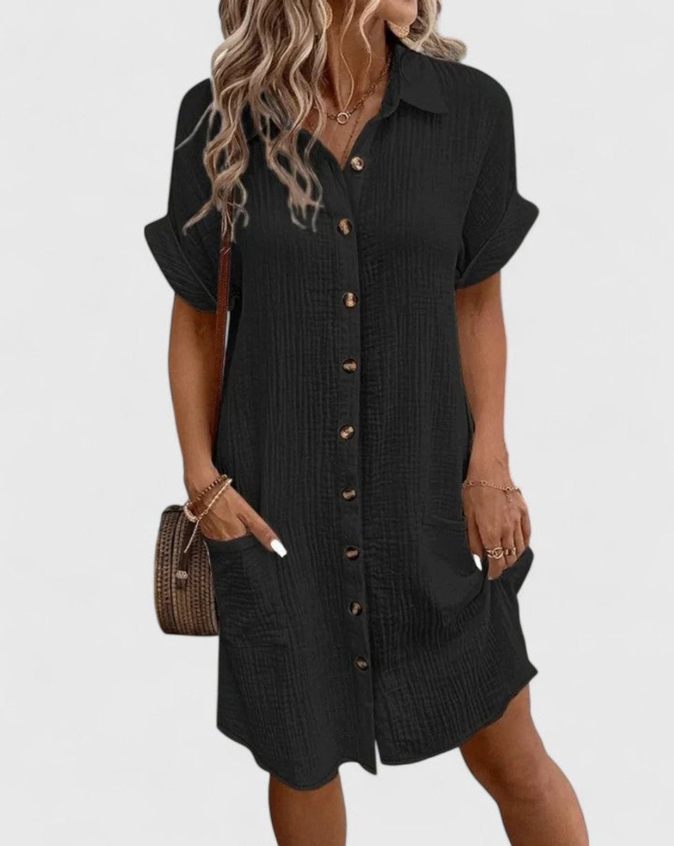 Penelope - Women's Relaxed-Fit Button-Down Short Sleeve Shirt Dress