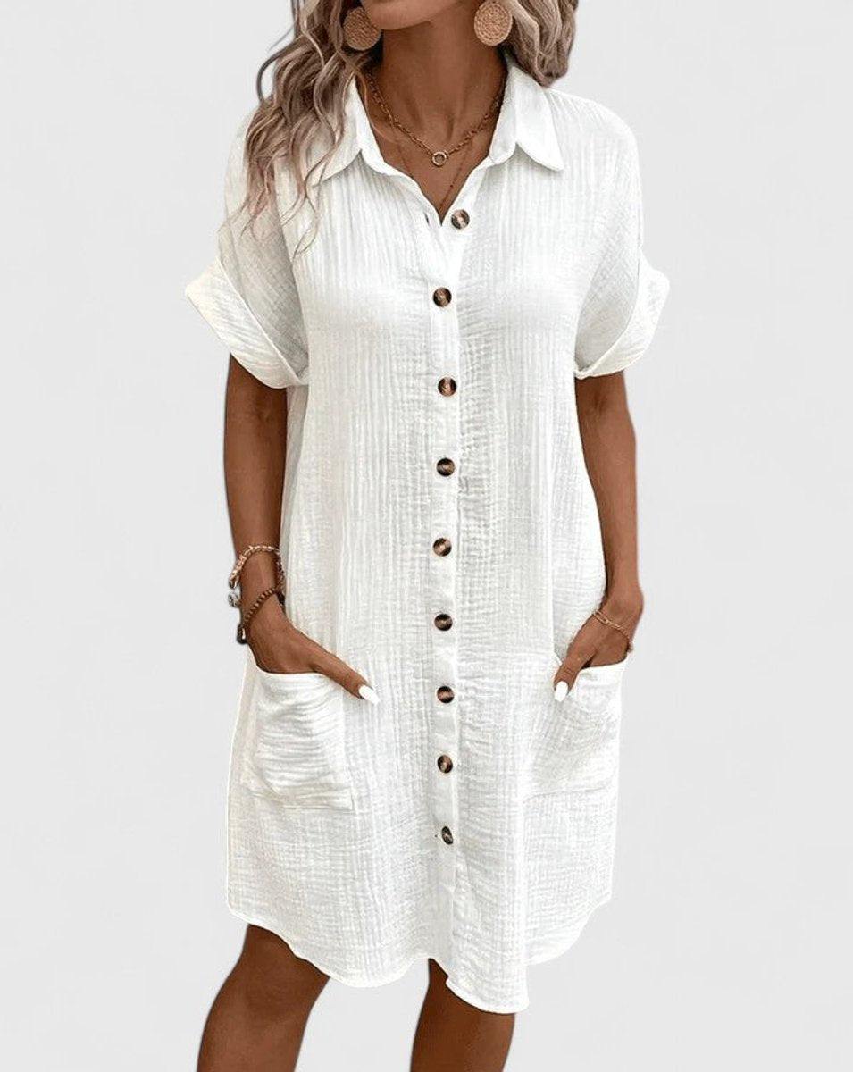 Penelope - Women's Relaxed-Fit Button-Down Short Sleeve Shirt Dress