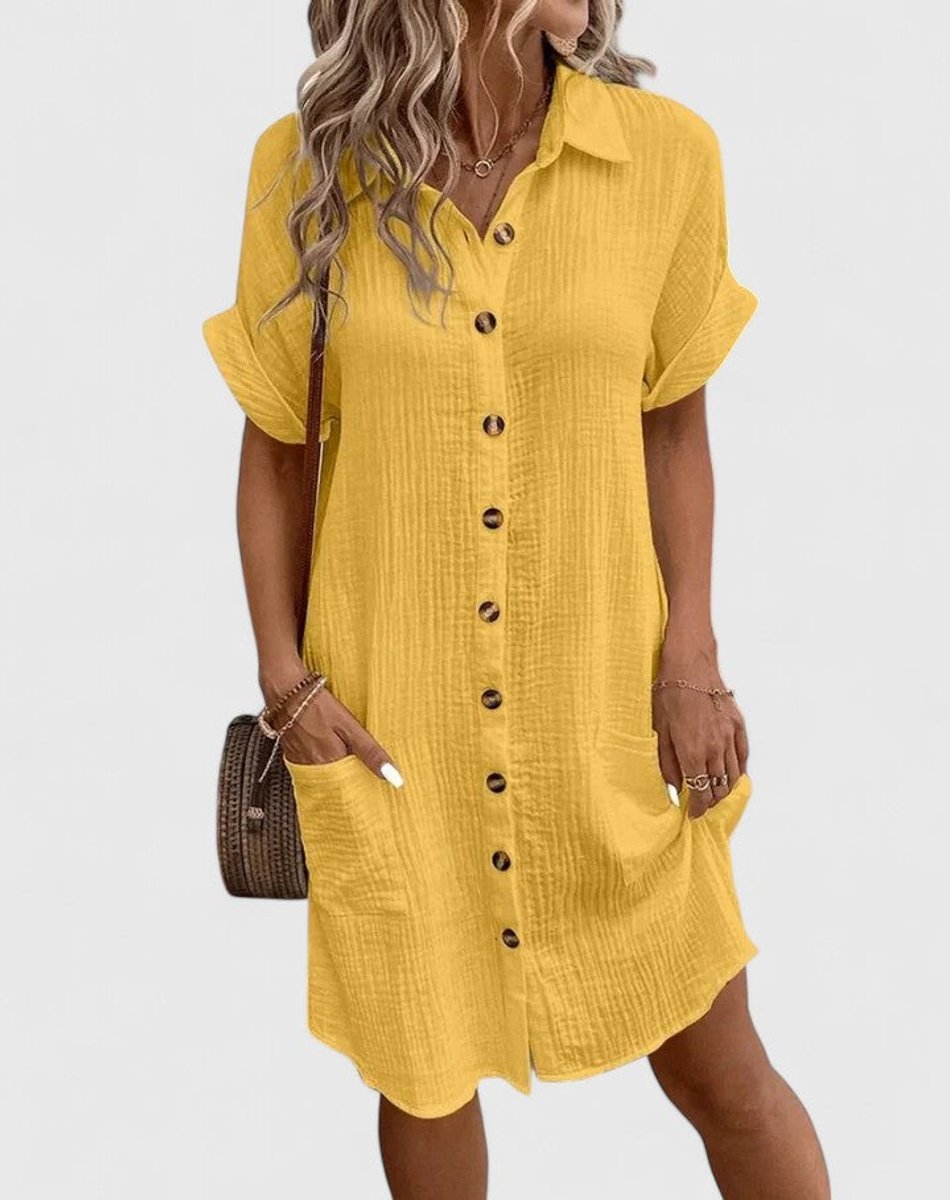 Penelope - Women's Relaxed-Fit Button-Down Short Sleeve Shirt Dress