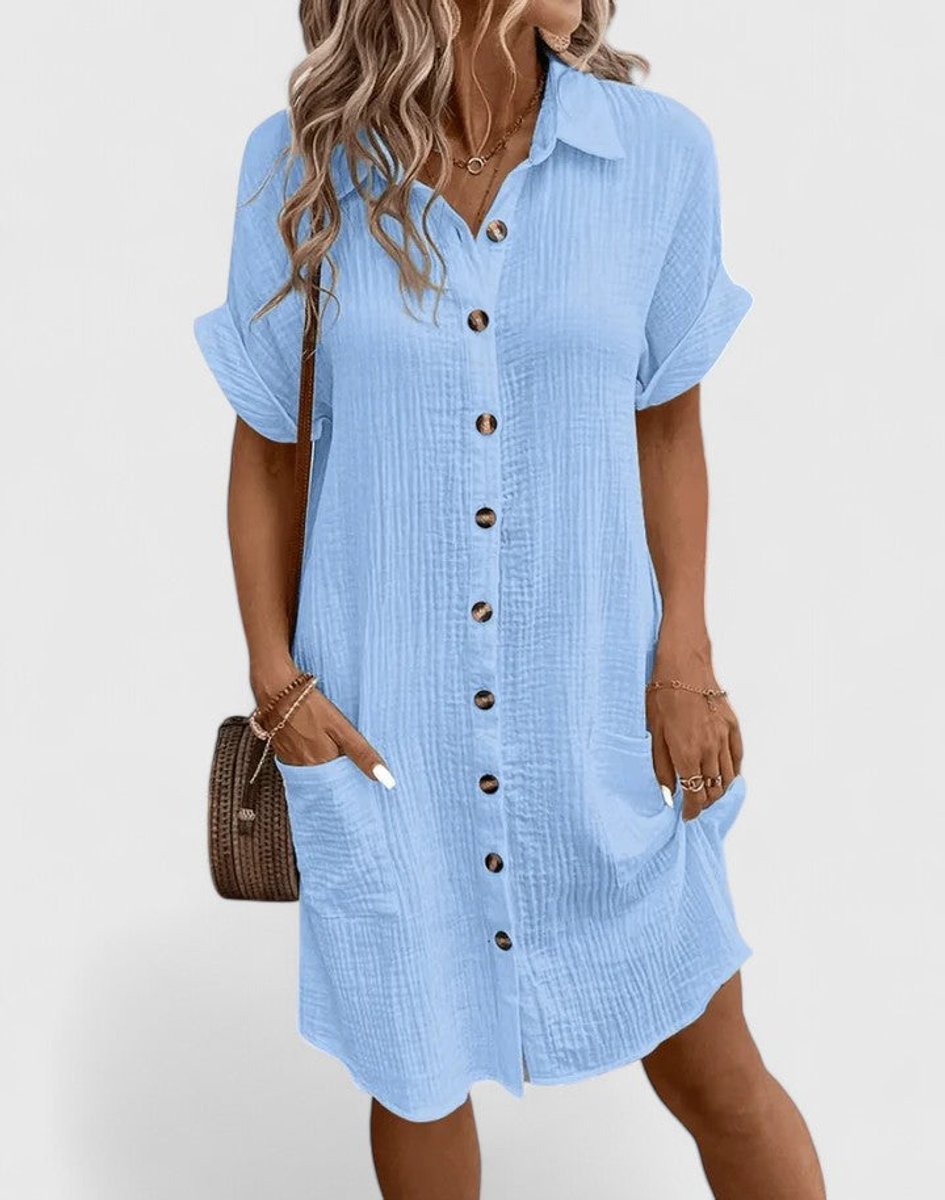 Penelope - Women's Relaxed-Fit Button-Down Short Sleeve Shirt Dress