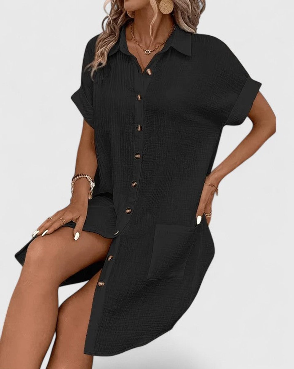 Penelope - Women's Relaxed-Fit Button-Down Short Sleeve Shirt Dress