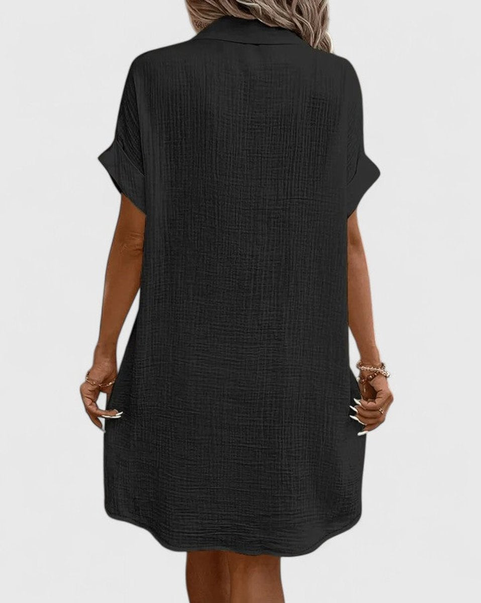 Penelope - Women's Relaxed-Fit Button-Down Short Sleeve Shirt Dress