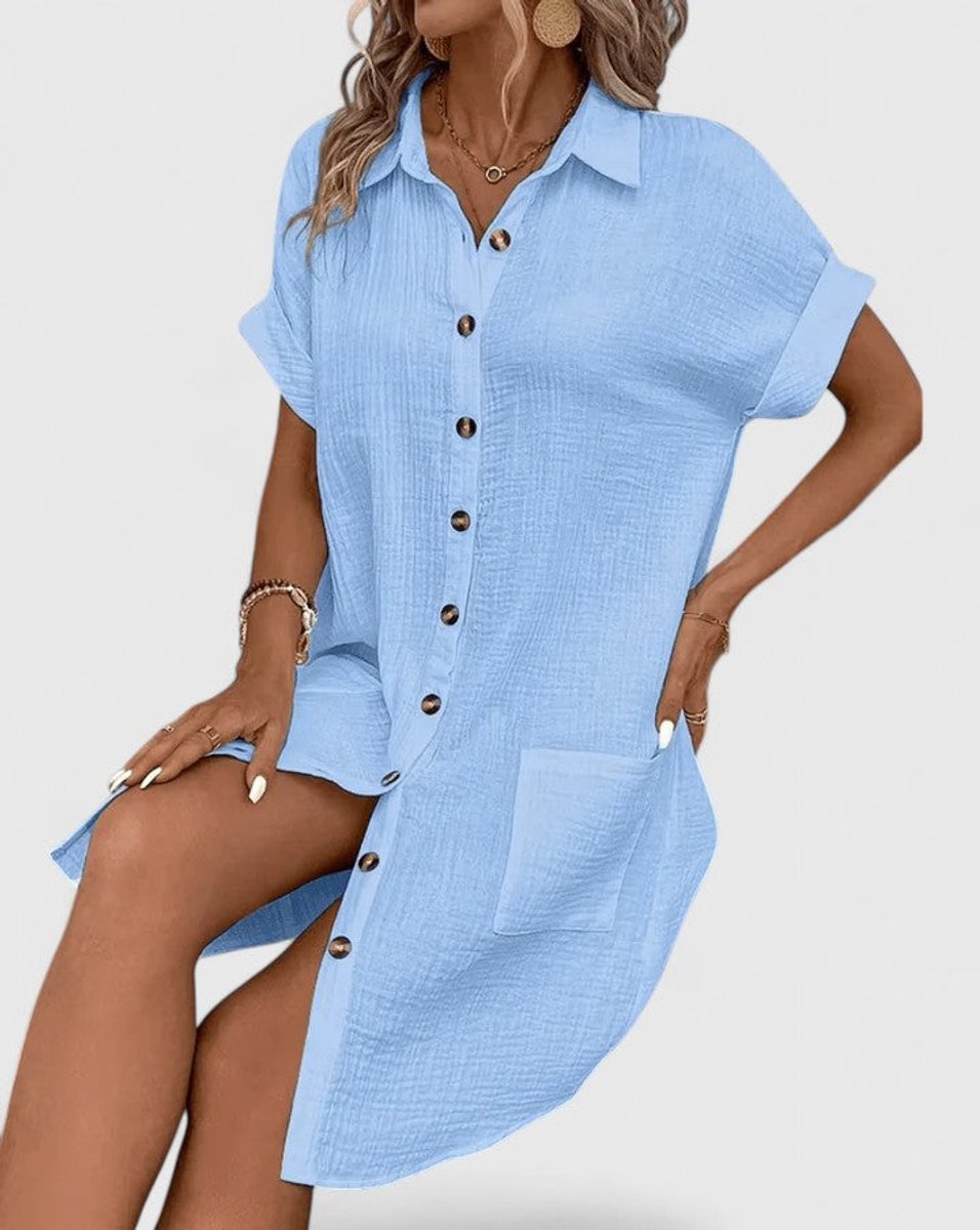 Penelope - Women's Relaxed-Fit Button-Down Short Sleeve Shirt Dress