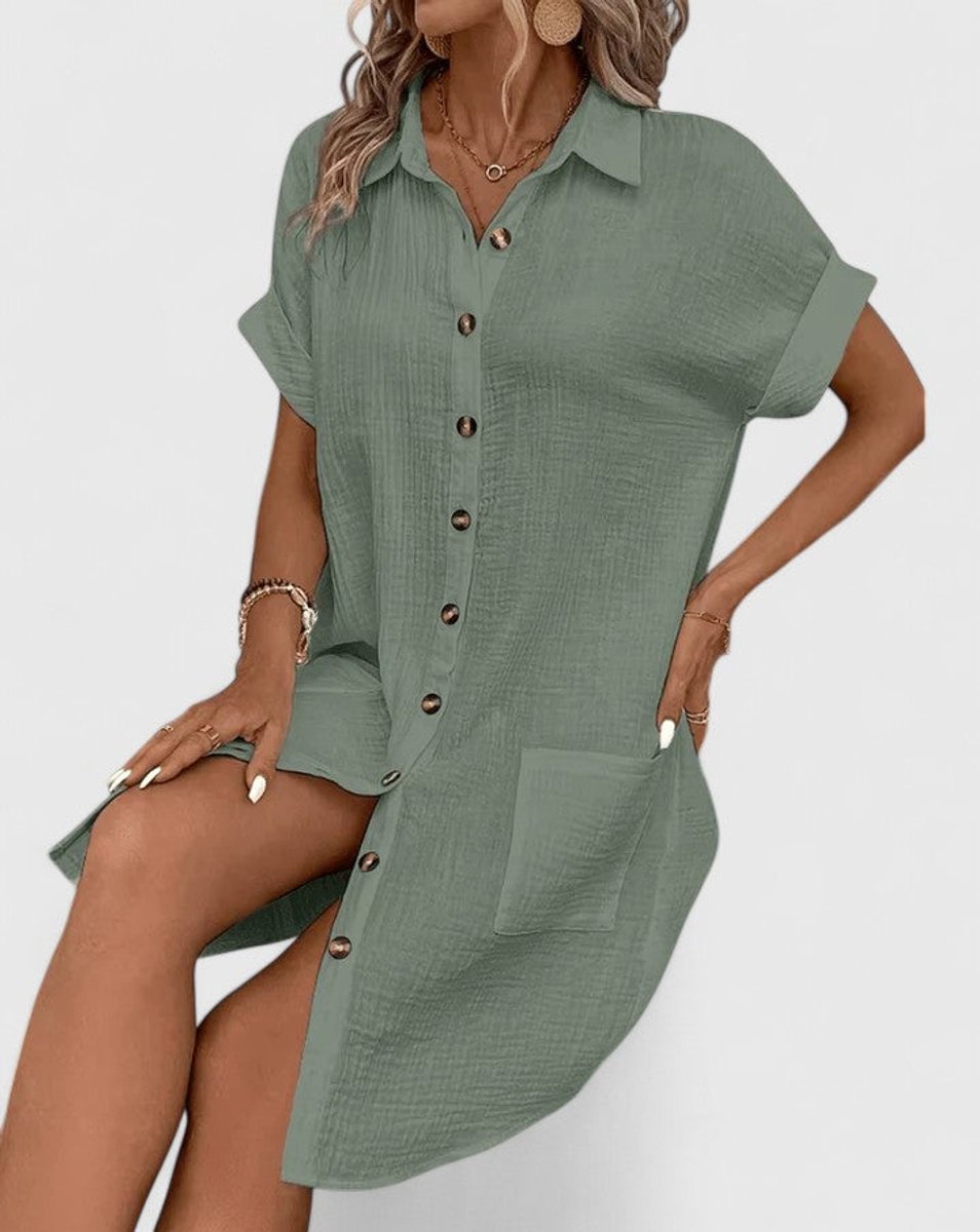 Penelope - Women's Relaxed-Fit Button-Down Short Sleeve Shirt Dress