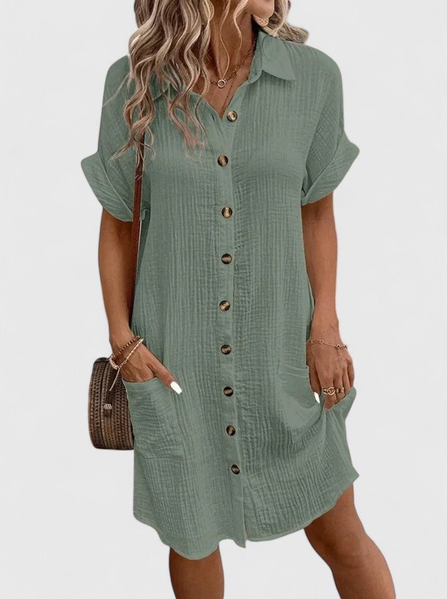 Penelope - Women's Relaxed-Fit Button-Down Short Sleeve Shirt Dress