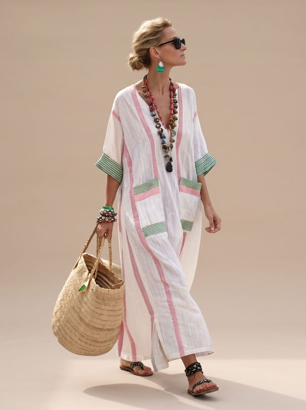 Amelia - Women's Relaxed-Fit V-Neck Striped Formal Maxi Dress