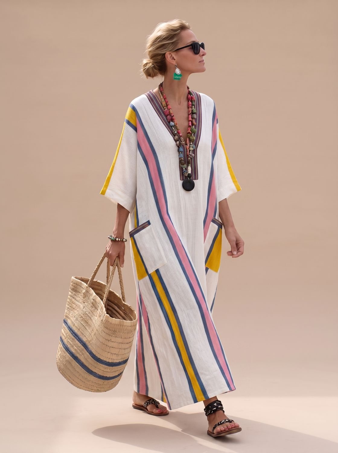 Amelia - Women's Relaxed-Fit V-Neck Striped Formal Maxi Dress