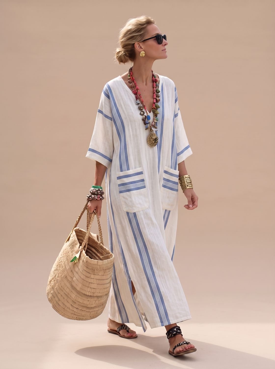 Amelia - Women's Relaxed-Fit V-Neck Striped Formal Maxi Dress
