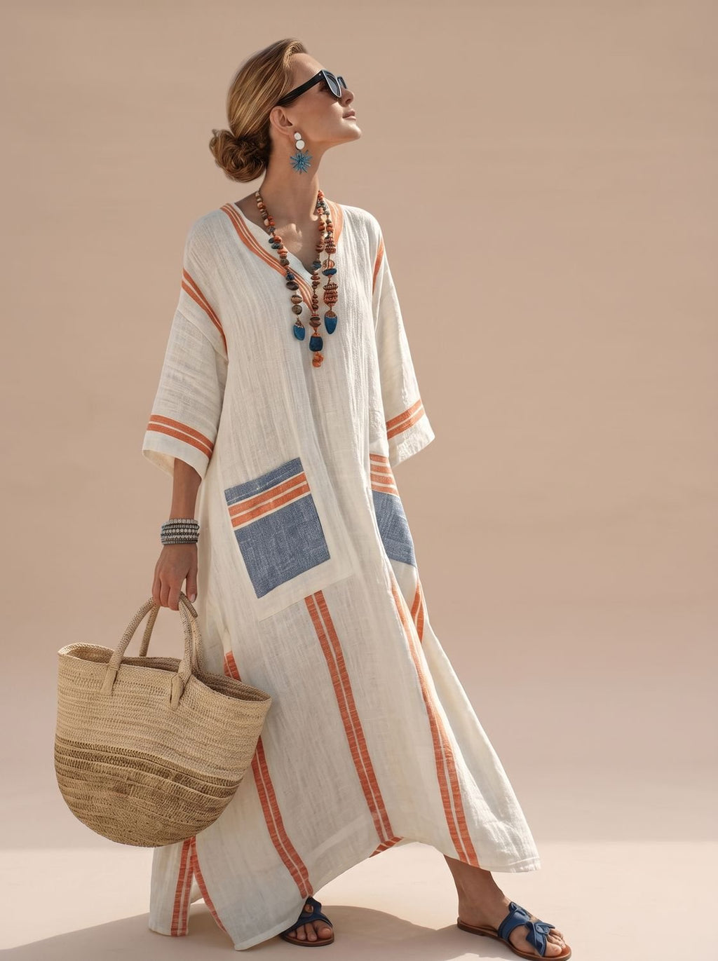 Amelia - Women's Relaxed-Fit V-Neck Striped Formal Maxi Dress