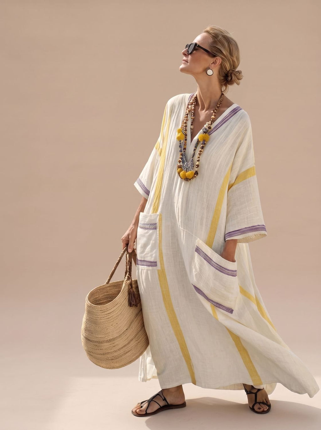 Amelia - Women's Relaxed-Fit V-Neck Striped Formal Maxi Dress