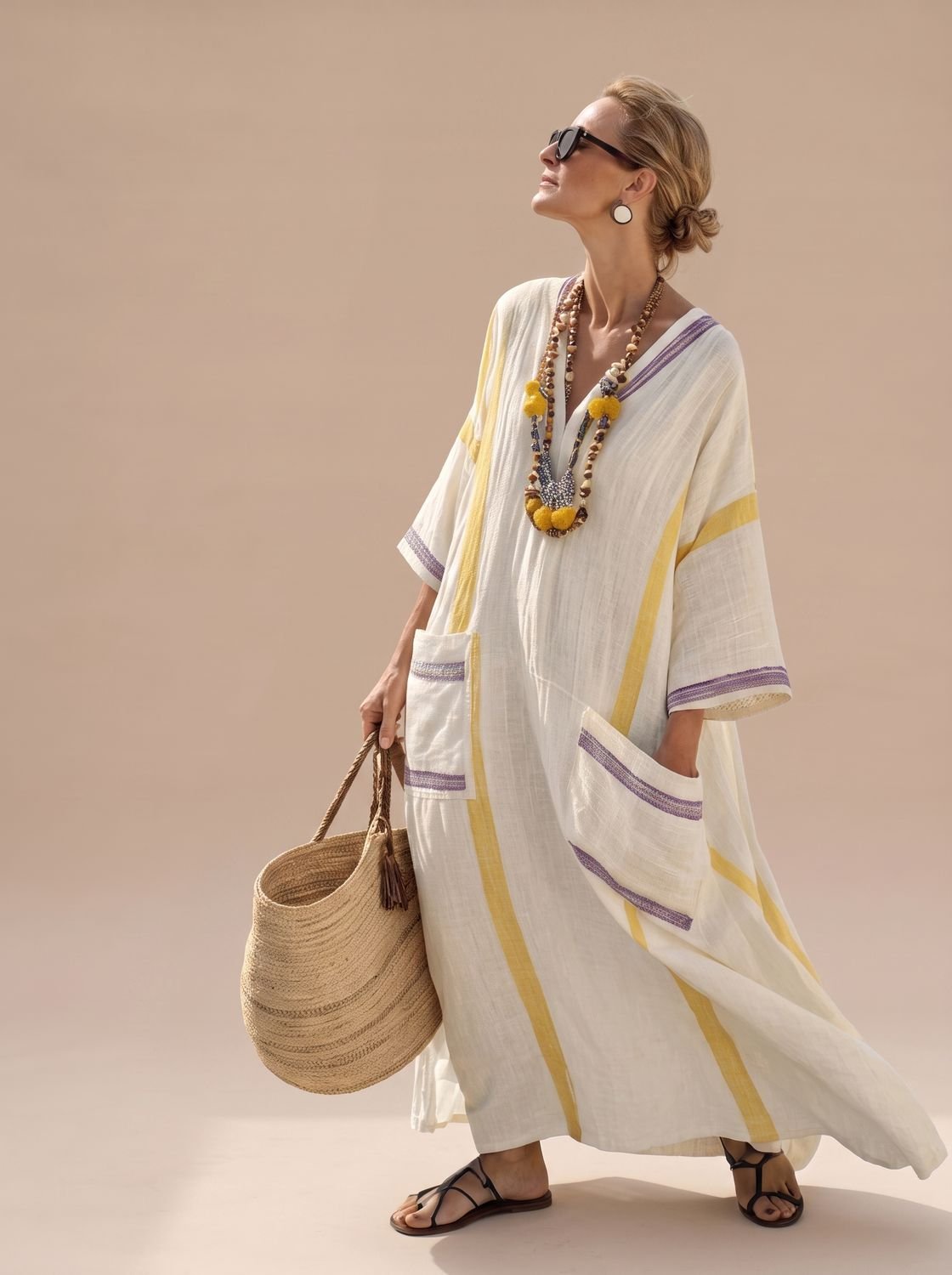 Amelia - Women's Relaxed-Fit V-Neck Striped Formal Maxi Dress