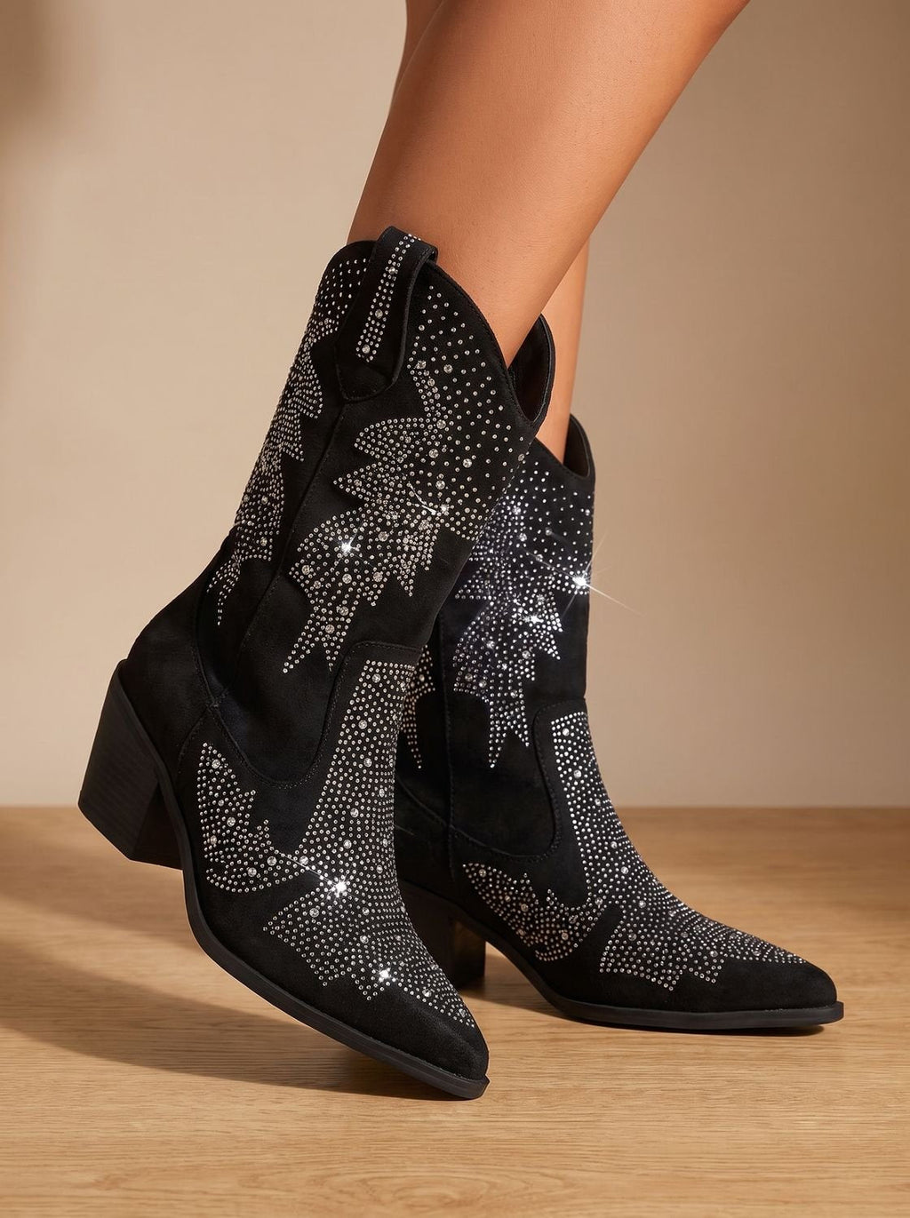 Scarlett - Women's Rhinestone Embellished Mid-Calf Block-Heel Cowboy Boots