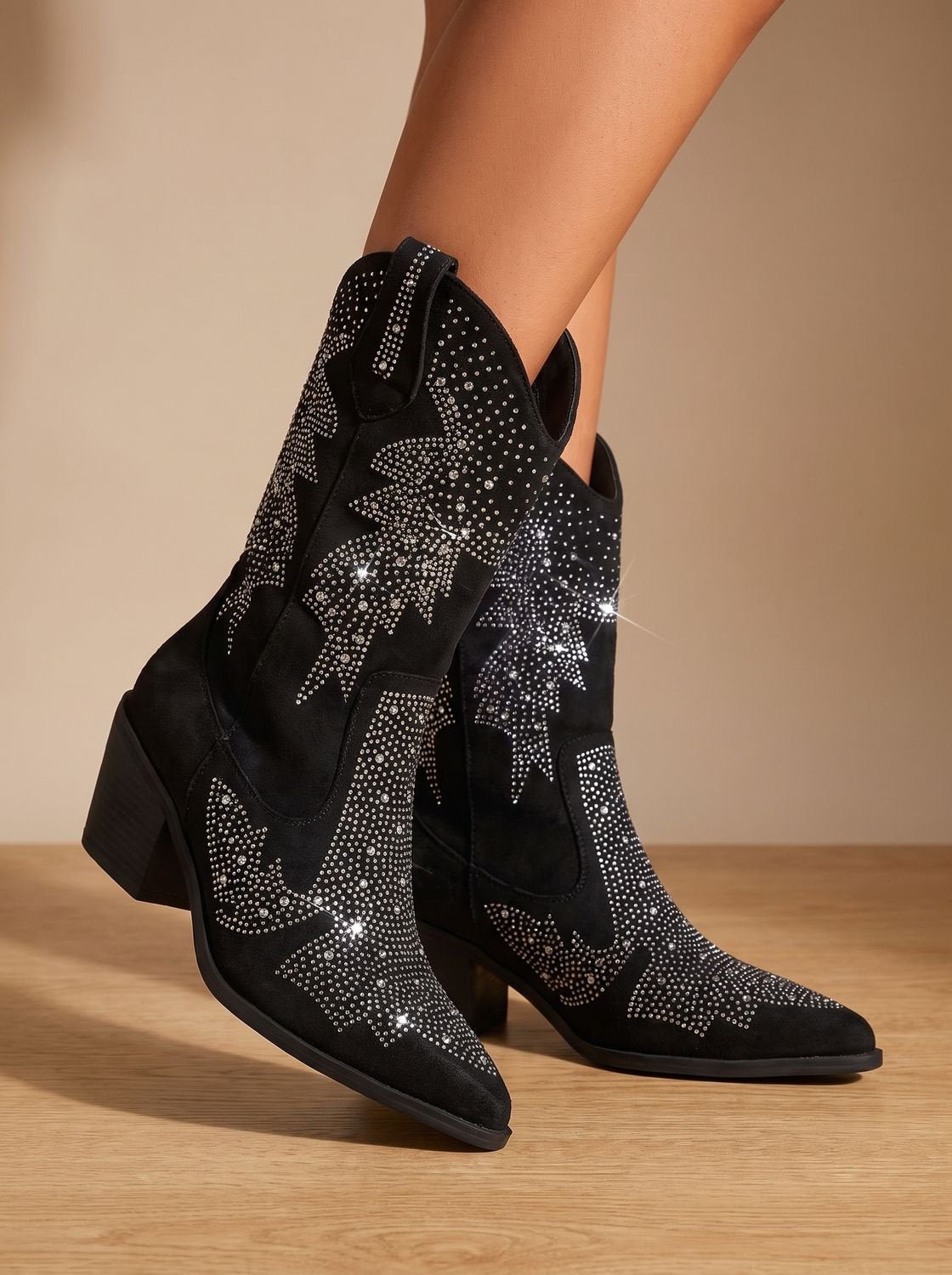 Scarlett - Women's Rhinestone Embellished Mid-Calf Block-Heel Cowboy Boots
