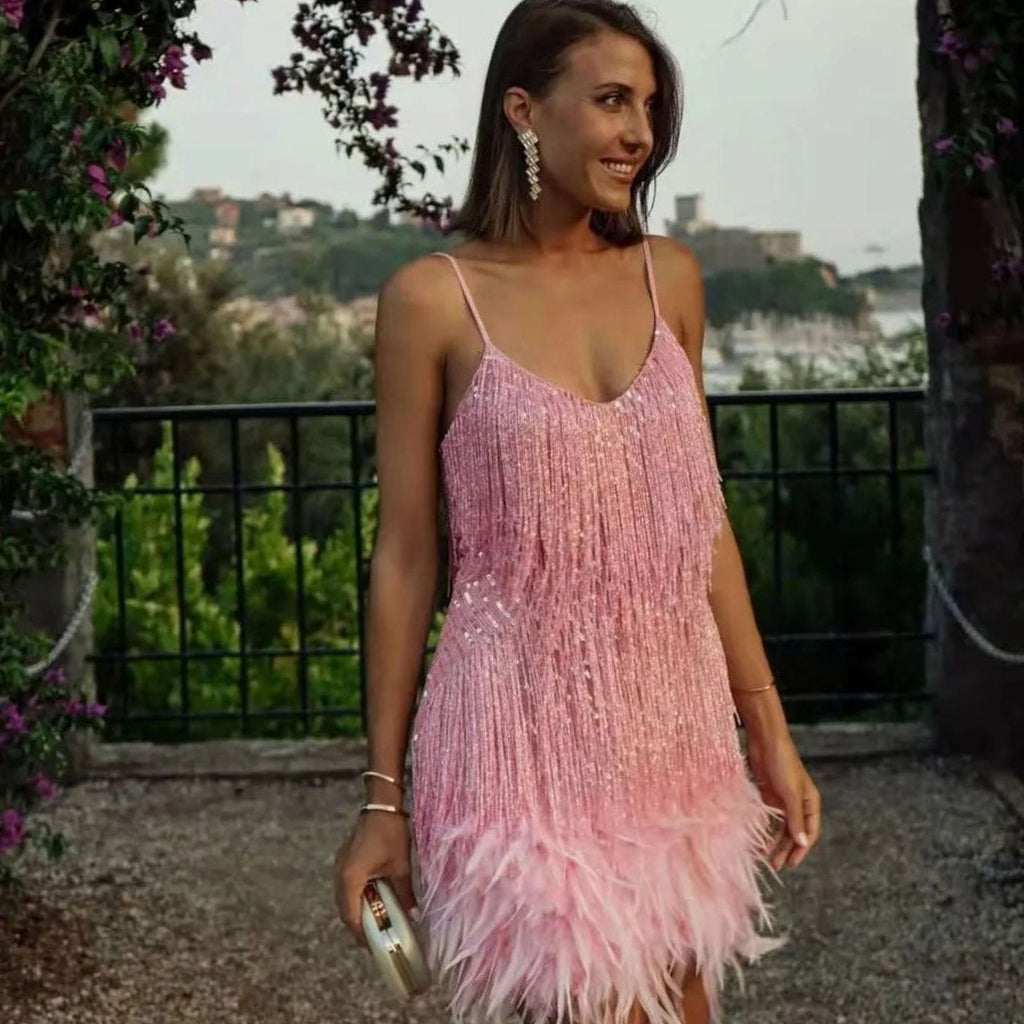 Olivia - Women's Sequin Fringe Feather Trim Slip Cocktail Dress