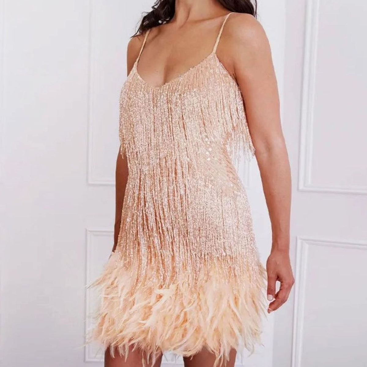 Olivia - Women's Sequin Fringe Feather Trim Slip Cocktail Dress