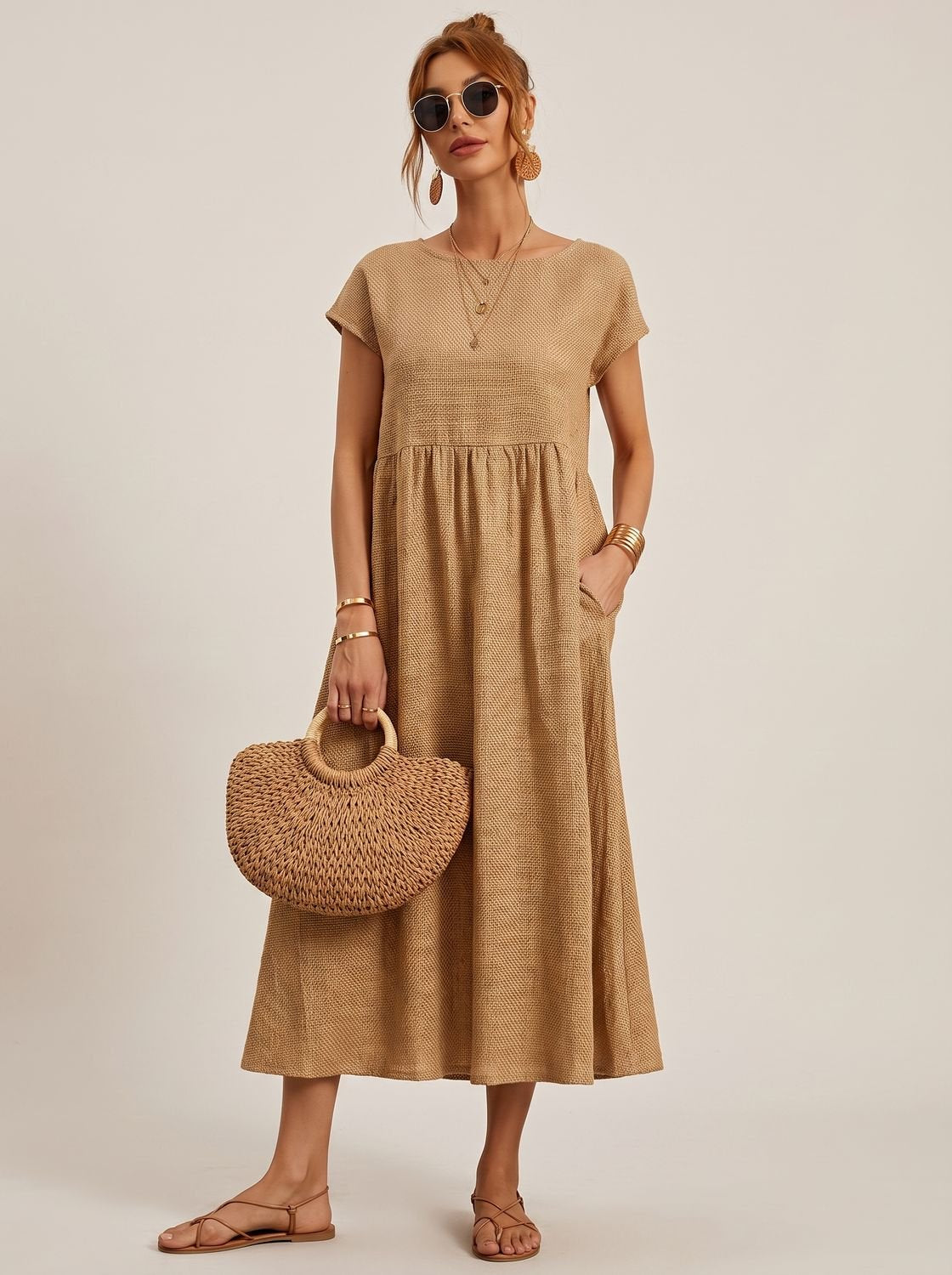 Sophia - Women's Short-Sleeve Round-Neck Flowy Midi Dress with Pockets