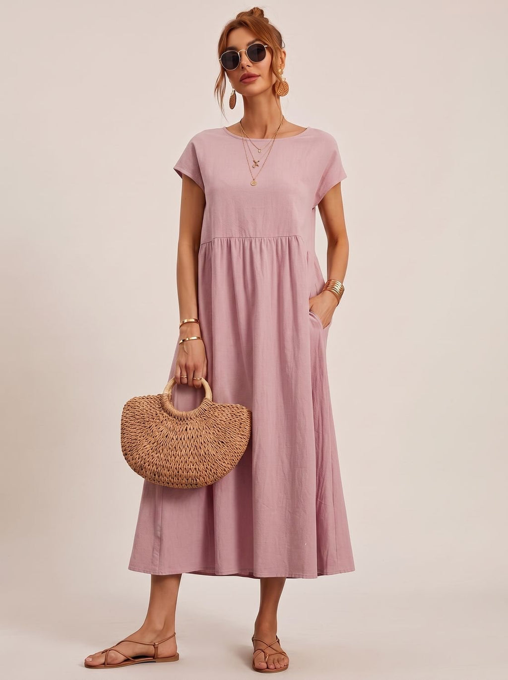 Sophia - Women's Short-Sleeve Round-Neck Flowy Midi Dress with Pockets