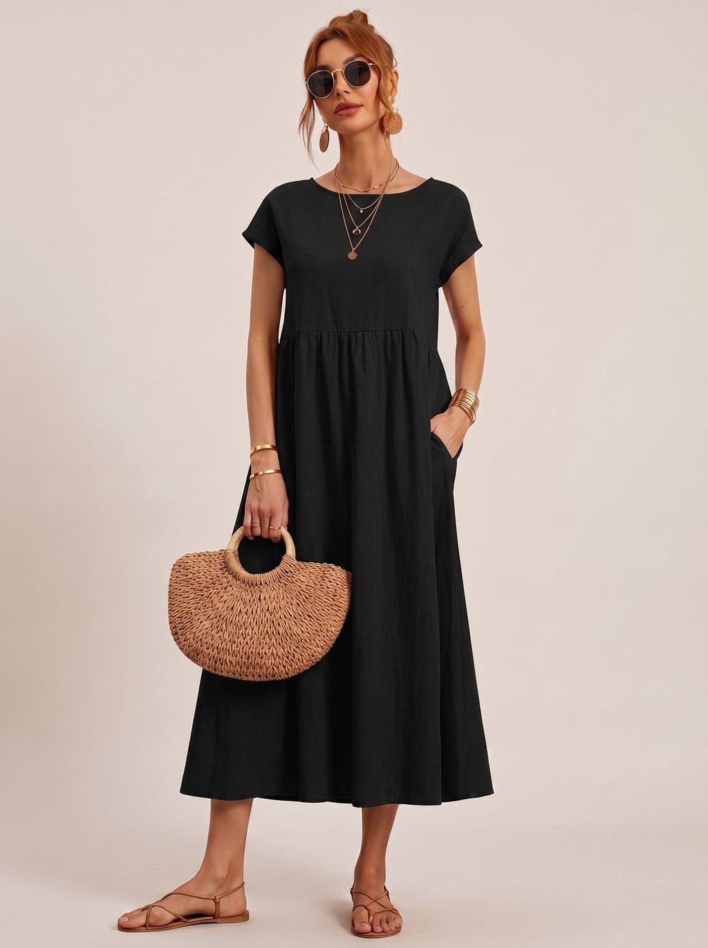 Sophia - Women's Short-Sleeve Round-Neck Flowy Midi Dress with Pockets