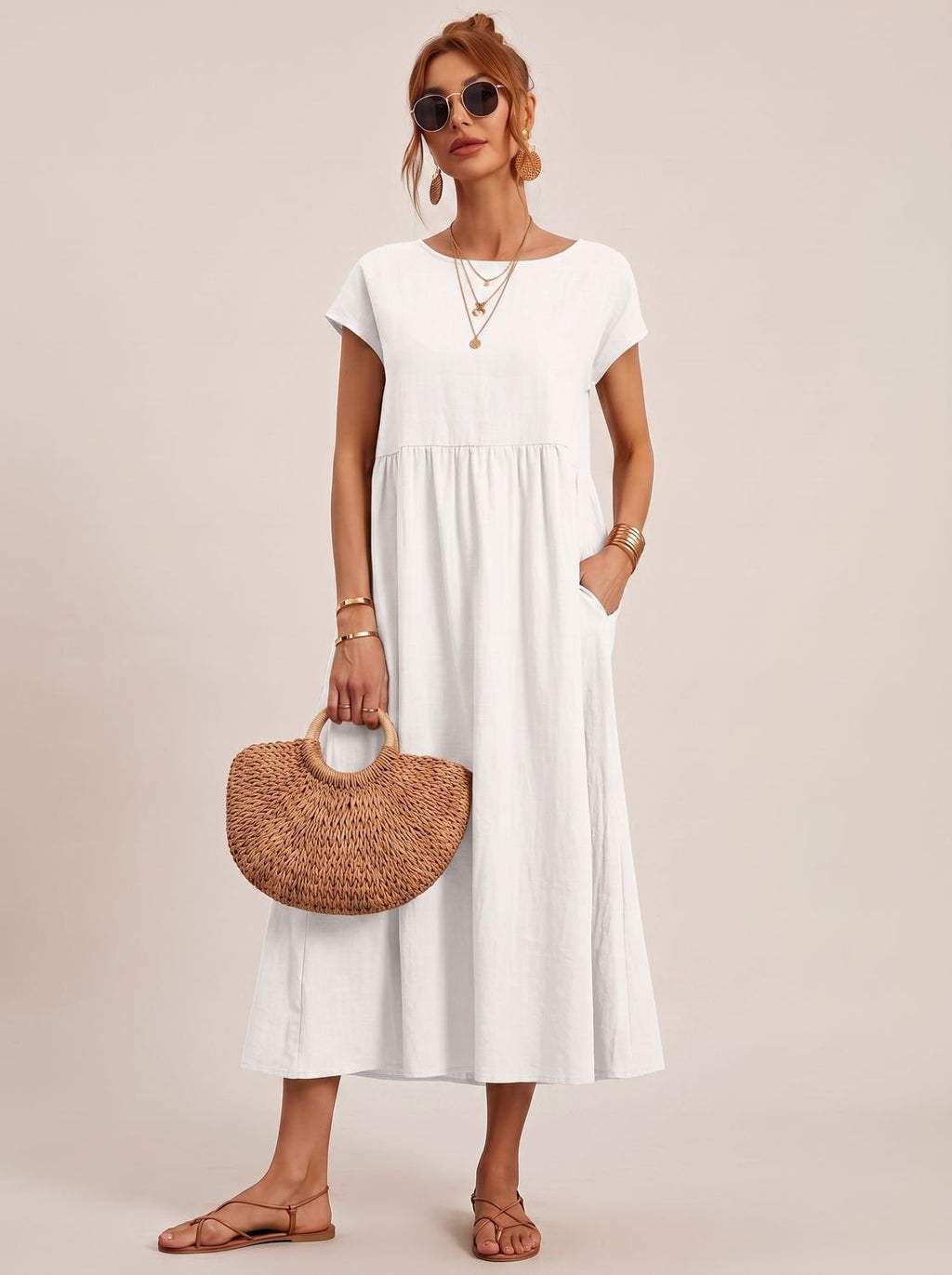 Sophia - Women's Short-Sleeve Round-Neck Flowy Midi Dress with Pockets