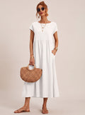 Sophia - Women's Short-Sleeve Round-Neck Flowy Midi Dress with Pockets