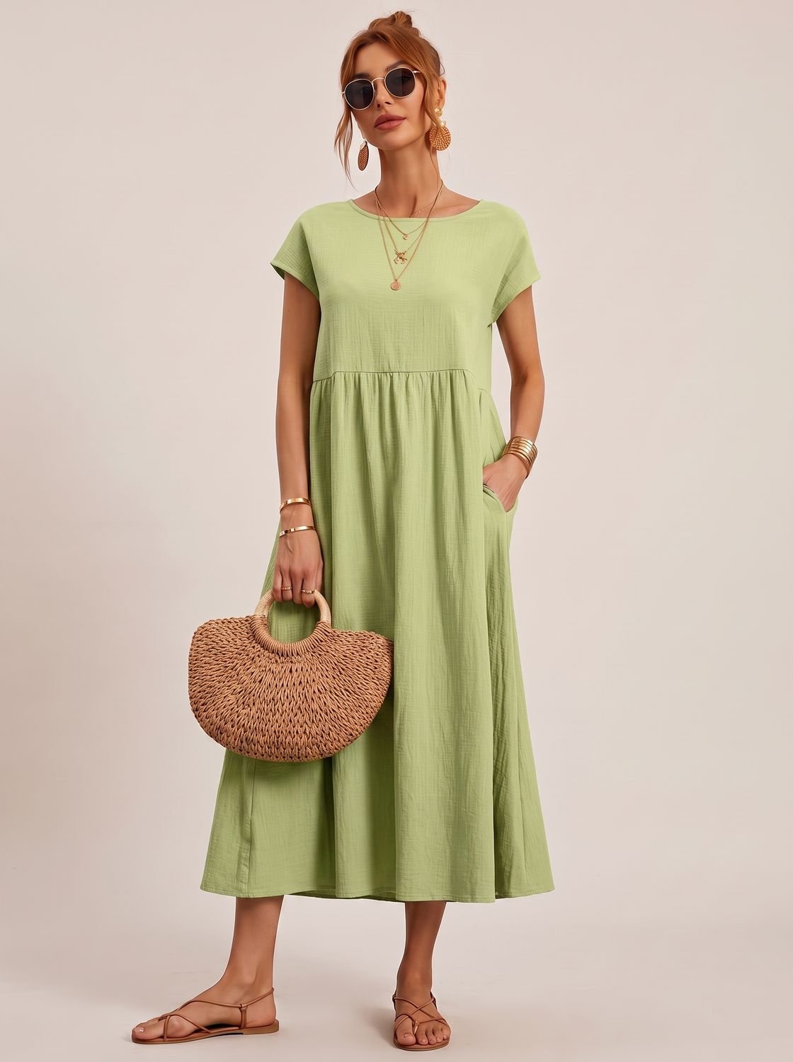 Sophia - Women's Short-Sleeve Round-Neck Flowy Midi Dress with Pockets