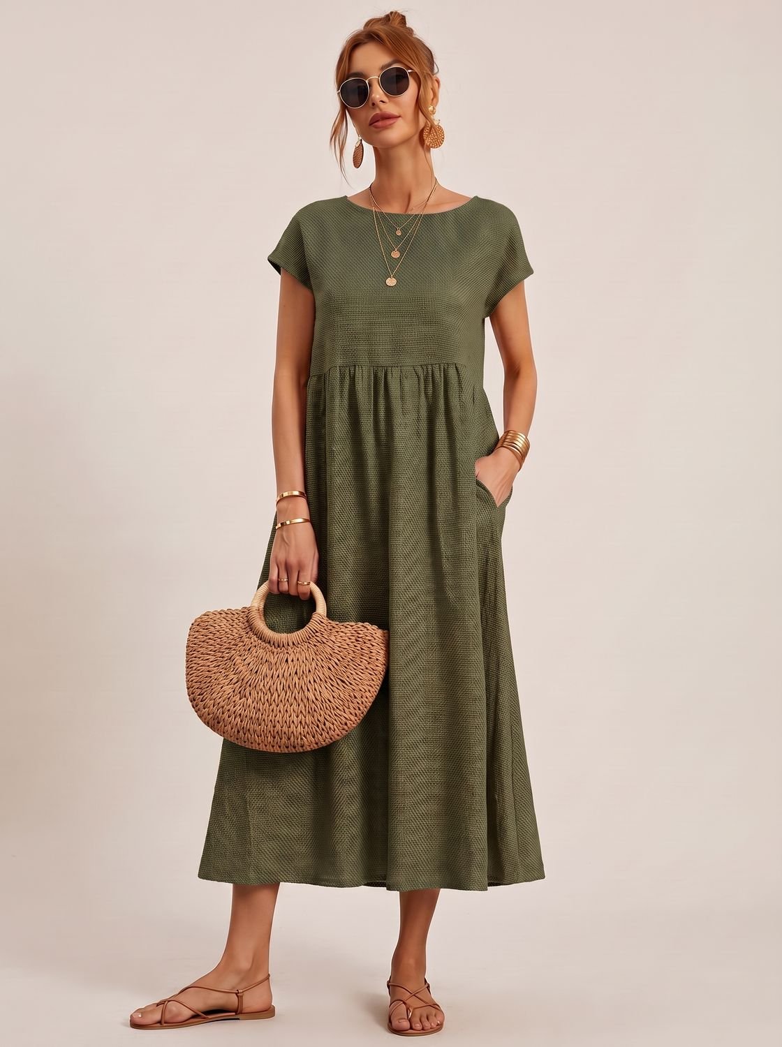 Sophia - Women's Short-Sleeve Round-Neck Flowy Midi Dress with Pockets