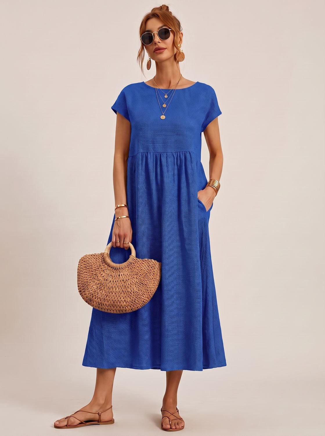 Sophia - Women's Short-Sleeve Round-Neck Flowy Midi Dress with Pockets